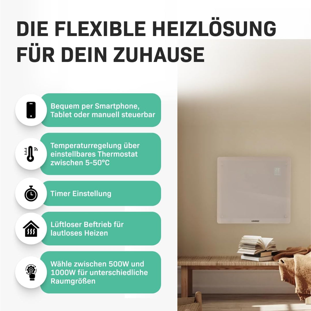VONROC Elektroheizung energiesparend 1000W - Konvektor Heizung [12qm Räume] - Mobile Elektrische Hei