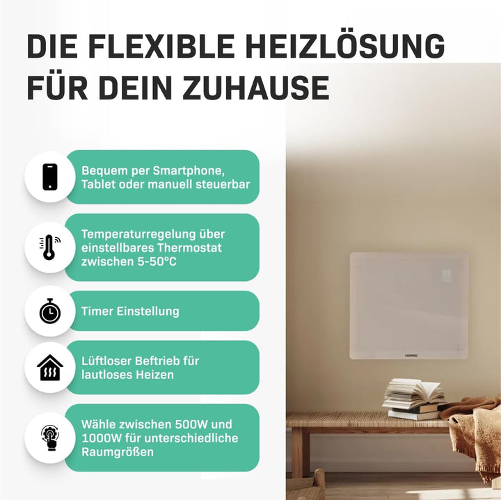 VONROC Elektroheizung energiesparend 1000W - Konvektor Heizung [12qm Räume] - Mobile Elektrische Hei