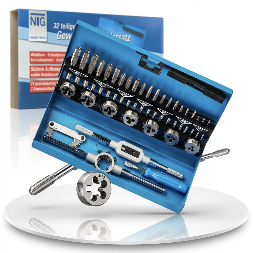 NTG Gewindeschneidesatz 32- tlg., Gewindeschneider Set inkl. Aufbewahrungskoffer, M3, M4, M5, M6, M8