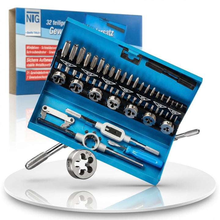 NTG Gewindeschneidesatz 32- tlg., Gewindeschneider Set inkl. Aufbewahrungskoffer, M3, M4, M5, M6, M8