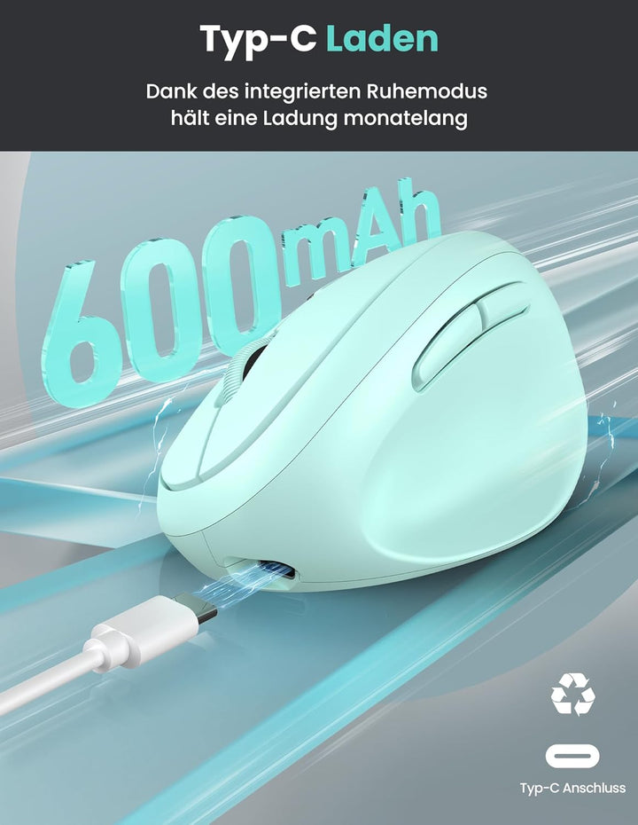TECKNET Ergonomische Maus Bluetooth, Wiederaufladbar Maus Kabellos mit 3 Gerät (BT 5.0/3.0 + 2.4G),