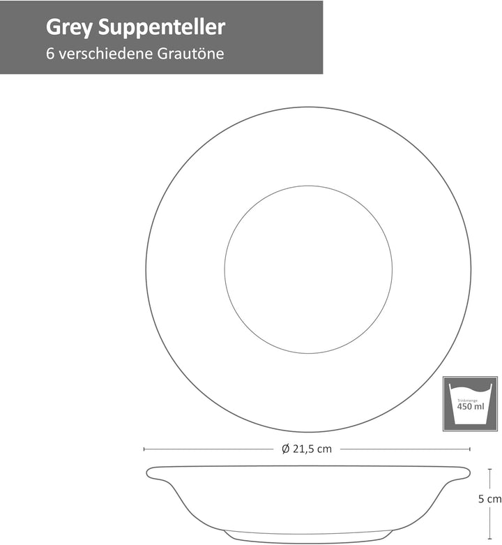 MamboCat Grey 6er Set Suppen-Teller grau I Robustes graues Steingut-Geschirr für 6 Personen I Tiefe