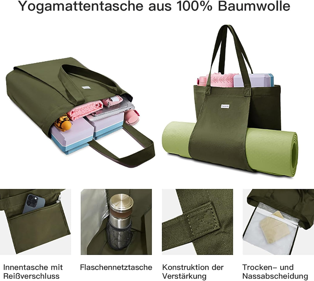 Yogatasche Damen mit Nassfach, Flaschenhalter und Durchgehendem Reissverschluss,Matte Einfach Heraus
