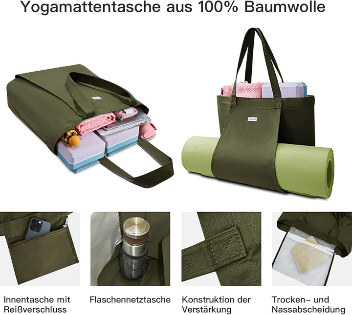 Yogatasche Damen mit Nassfach, Flaschenhalter und Durchgehendem Reissverschluss,Matte Einfach Heraus