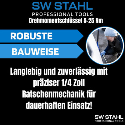 SW-Stahl 03809L Profi Drehmomentschlüssel 1/4 Zoll 5-25 Nm I Rechts-und Linksanzug I Doppelskala FT-