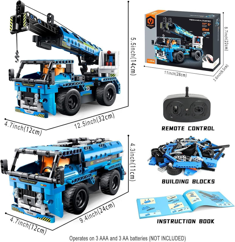 OKKIDY Ferngesteuertes Kran-LKW-Bauspielzeug, 2-in-1 Tech STEM Engineering Bausteine Set für 6 7 8 9