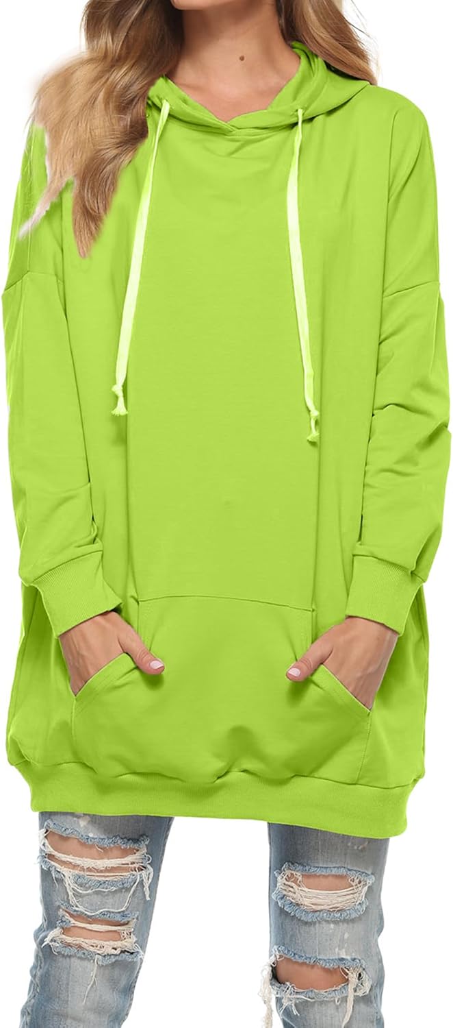 Famulily Damen Oversized Hoodie Kleid Baumwolle Lang Sweatshirt mit Kapuze Einfarbige Kapuzenpullove