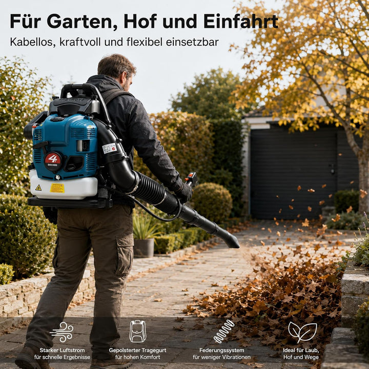 Laubbläser Benzin Rucksack 75,6 CCM 4-Takt 498 CFM Luftvolumen | 2600 W 7000 U/min Ideal für Rasenpf