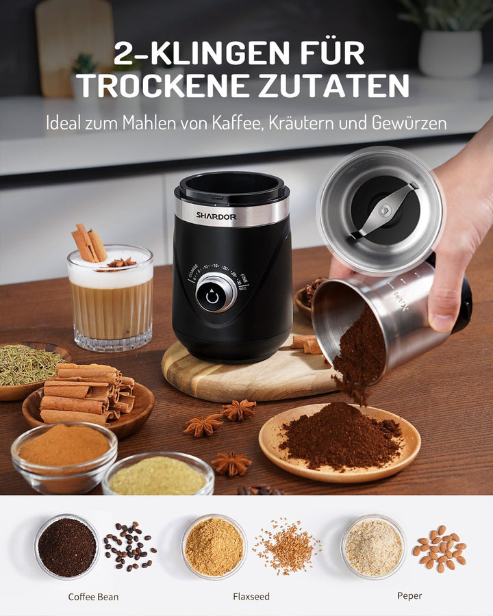 SHARDOR KaffeemüHle Mit 2 Edelstahltassen GewüRzmüHle, Automatischer Timer, GeräUscharmes Mahlen, Ka