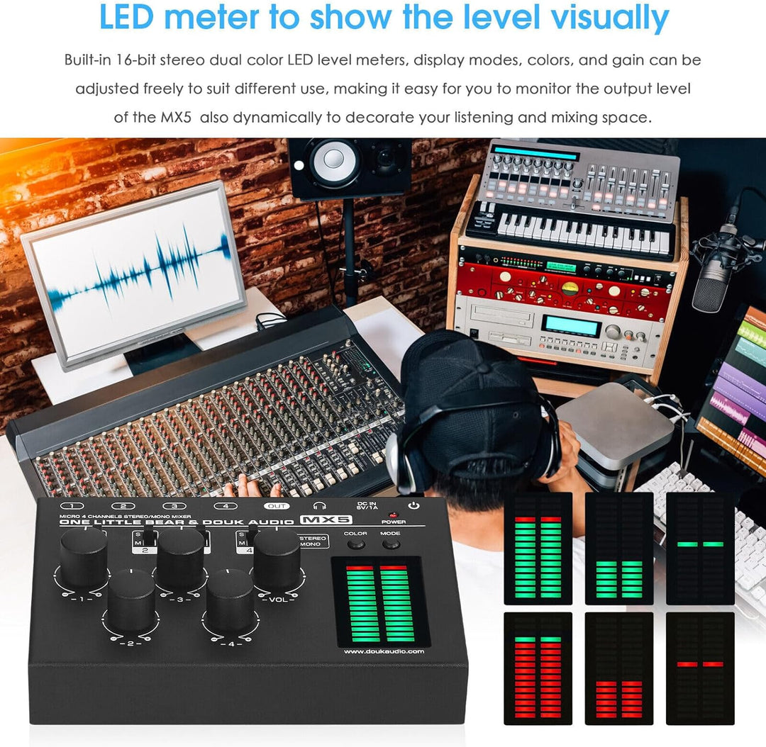 Douk Audio MX5 Mono/Stereo 4-Kanal Audio Mixer Ultra-rauscharmer Line Mixer LED Pegelmesser