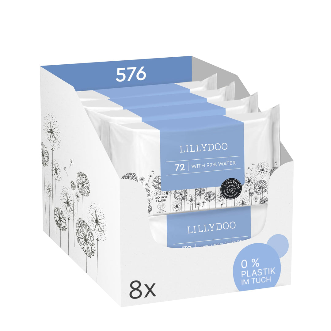 LILLYDOO Baby Feuchttücher mit 99% Wasser,extra grosses Tuch, 576 Stück (8 x72), 100% plastikfrei, o