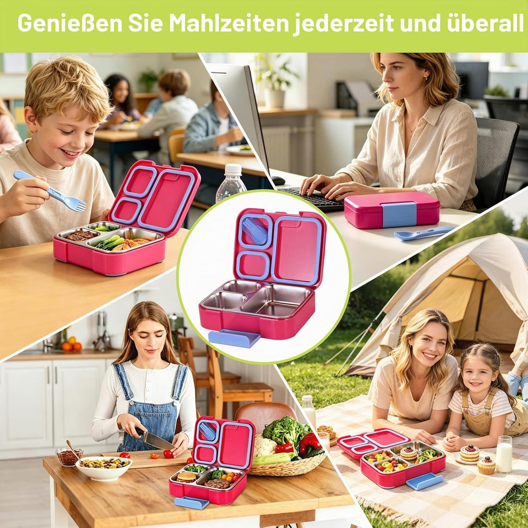 Brotdose Edelstahl-Lunchbox 1100ml 3 Fächern Rosenrot | Für Kinder und Erwachsene, Auslaufsicher, Mi