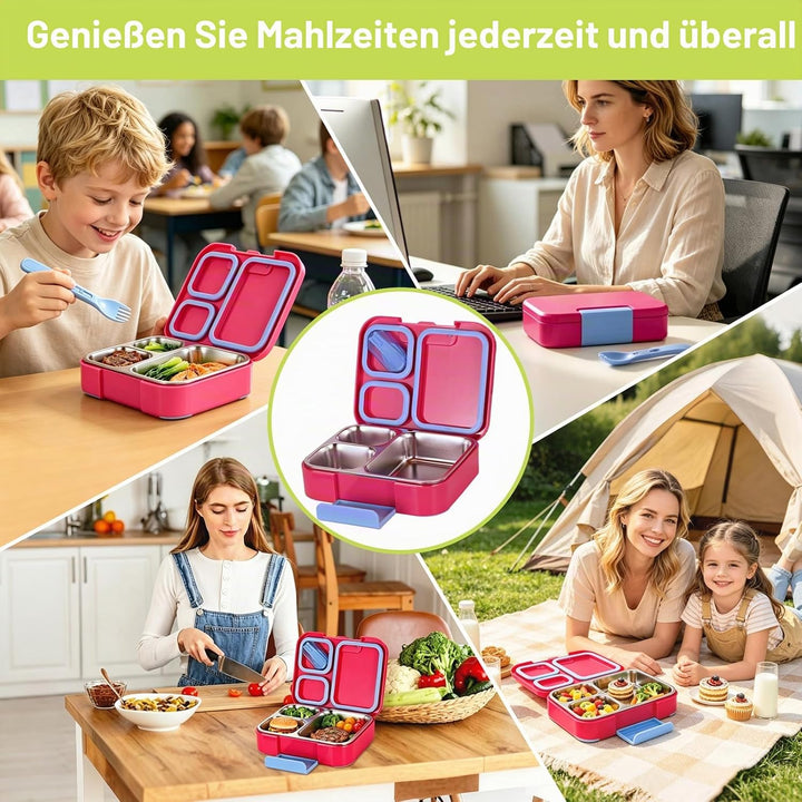 Brotdose Edelstahl-Lunchbox 1100ml 3 Fächern Rosenrot | Für Kinder und Erwachsene, Auslaufsicher, Mi