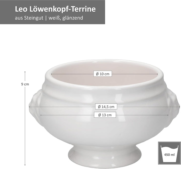 MamboCat 6er Set LEO Löwenkopf-Terrinen I klein-450 ml I Für 6 Personen I Weisse Suppentassen 0,45 L