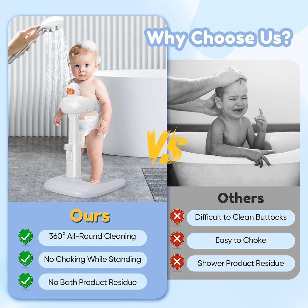 Baby Dusche Ständer, Einstellbarer Duschständer Kind mit Duschsitz &amp; Antirutsch-Basis, Baby Badewann