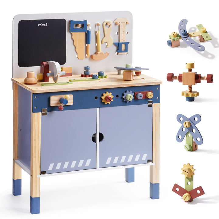 ROBUD Holzspielzeug Werkbank, Grosses Kinder Holz Spielwerkzeug, Pretend Play Creative Building Set,