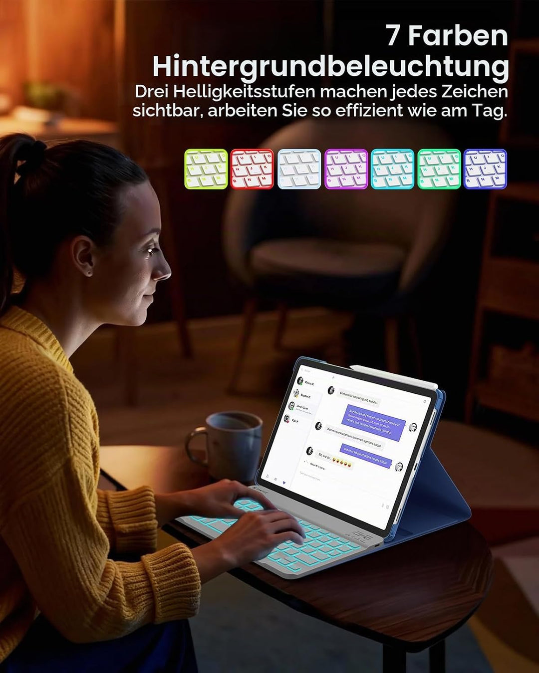 Fintie Bluetooth Tastatur mit Hintergrundbeleuchtung in 7 Farben, iPad Tastatur mit deutschem Layout