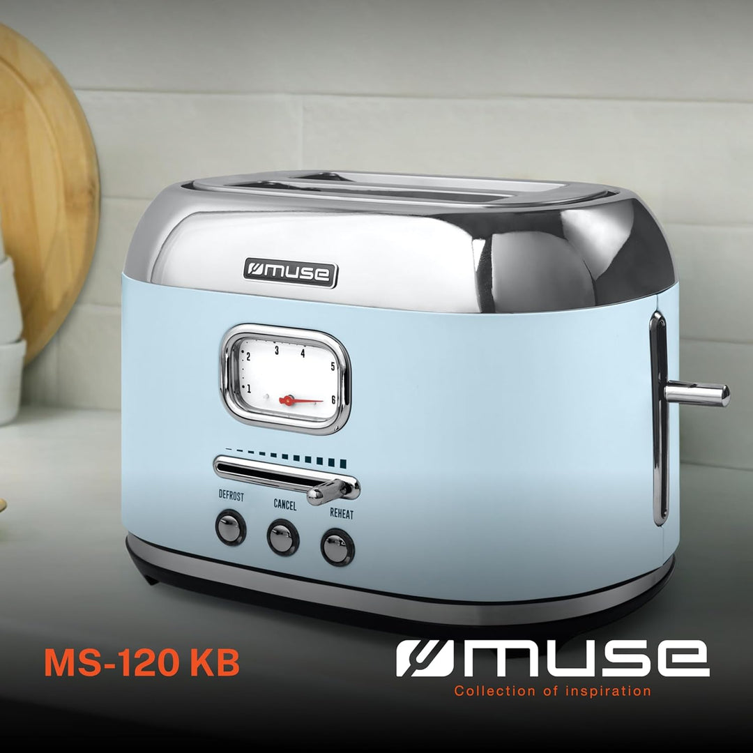 Muse Retro Toaster, 2 Scheiben, 6 Bräunungsstufen, analoge Anzeige, beleuchtete Tasten, Krümelschubl
