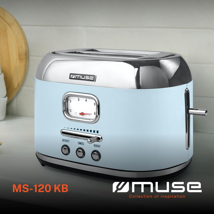 Muse Retro Toaster, 2 Scheiben, 6 Bräunungsstufen, analoge Anzeige, beleuchtete Tasten, Krümelschubl