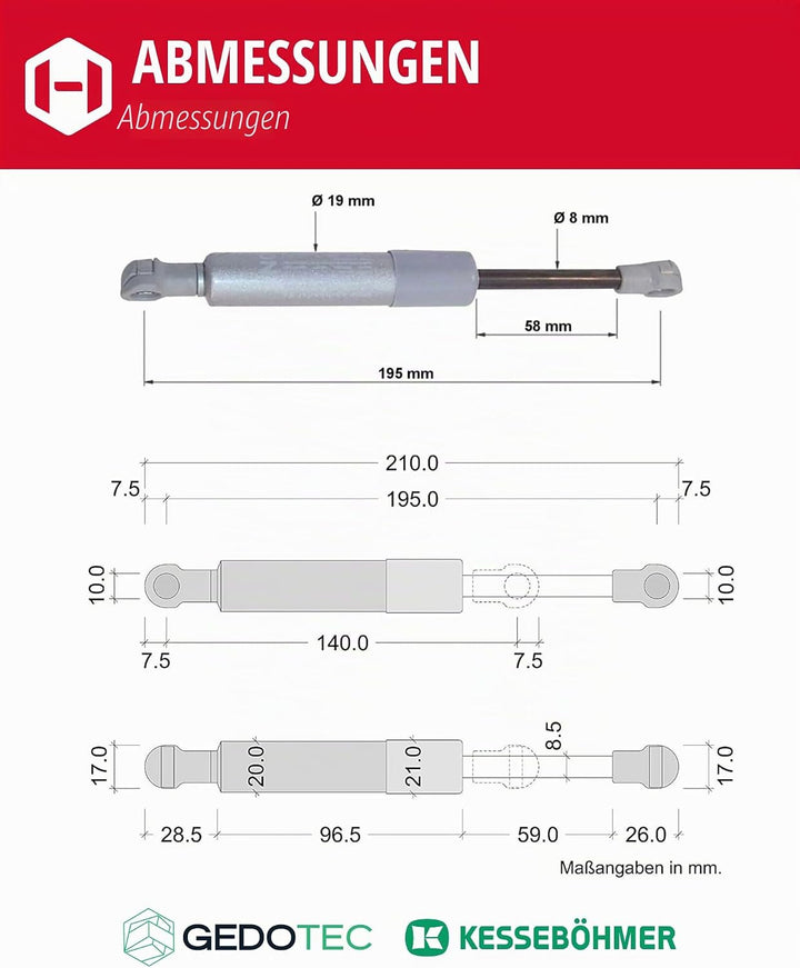 Gedotec 2x Gasdruckfeder 380N - Kesseböhmer Gasdruckdämpfer für HSB Hochschwenkbeschlag - Stossdämpf
