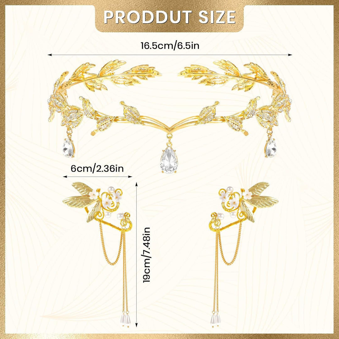 Hifot Elfen Ohrringe Tiara Set für Damen, Elfen Krone Kopfschmuck Fee Pixie Elf Ohren Ohrclips für E