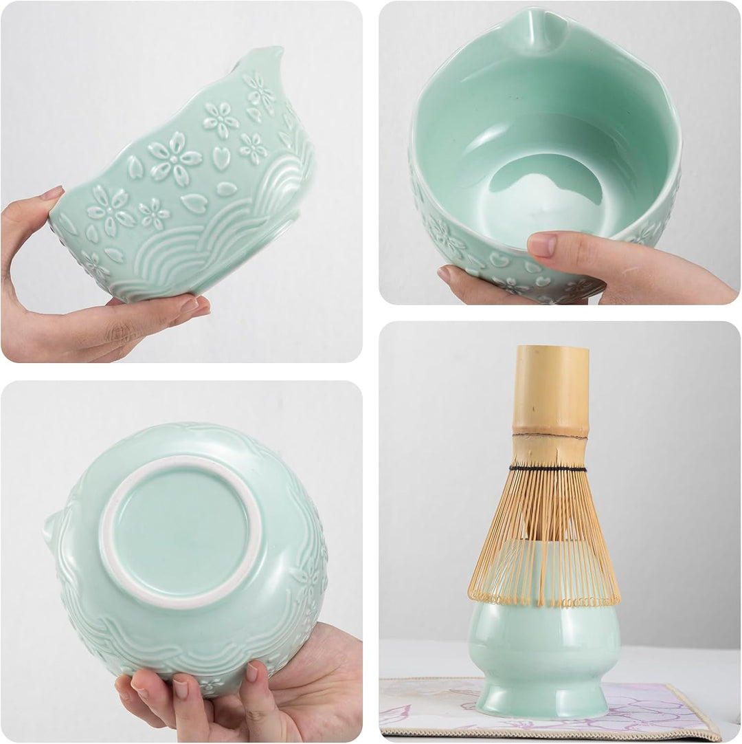 7PCS Matcha Set，500ML Ceramic Matcha Bowl with Spout，Matcha Broom and Holder, Bamboo Scoop, Stainles