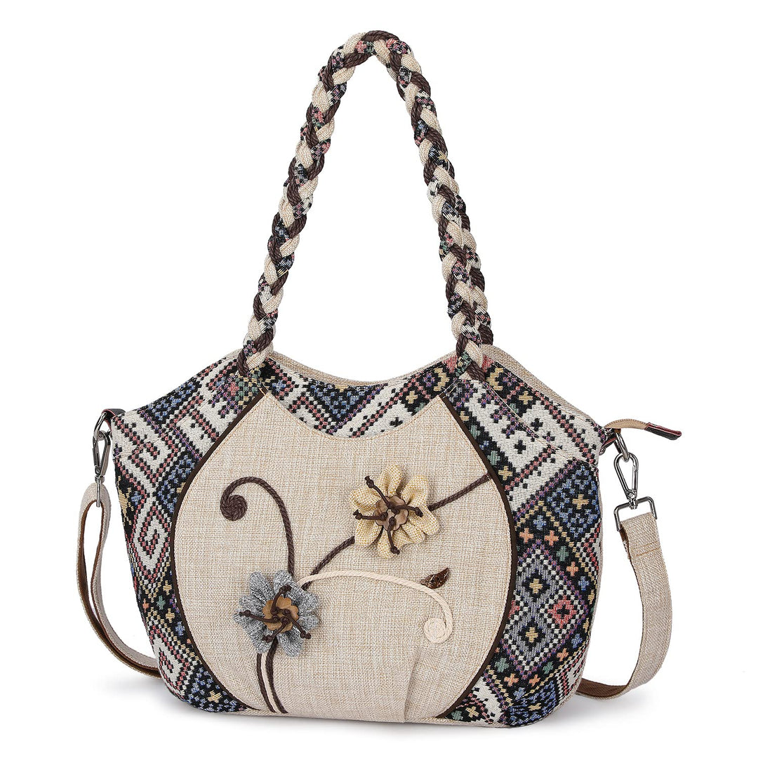 Boho Ethnische Umhängetasche, Hobo Umhängetasche, Damen-Leinentasche mit verstellbarem langem Schult