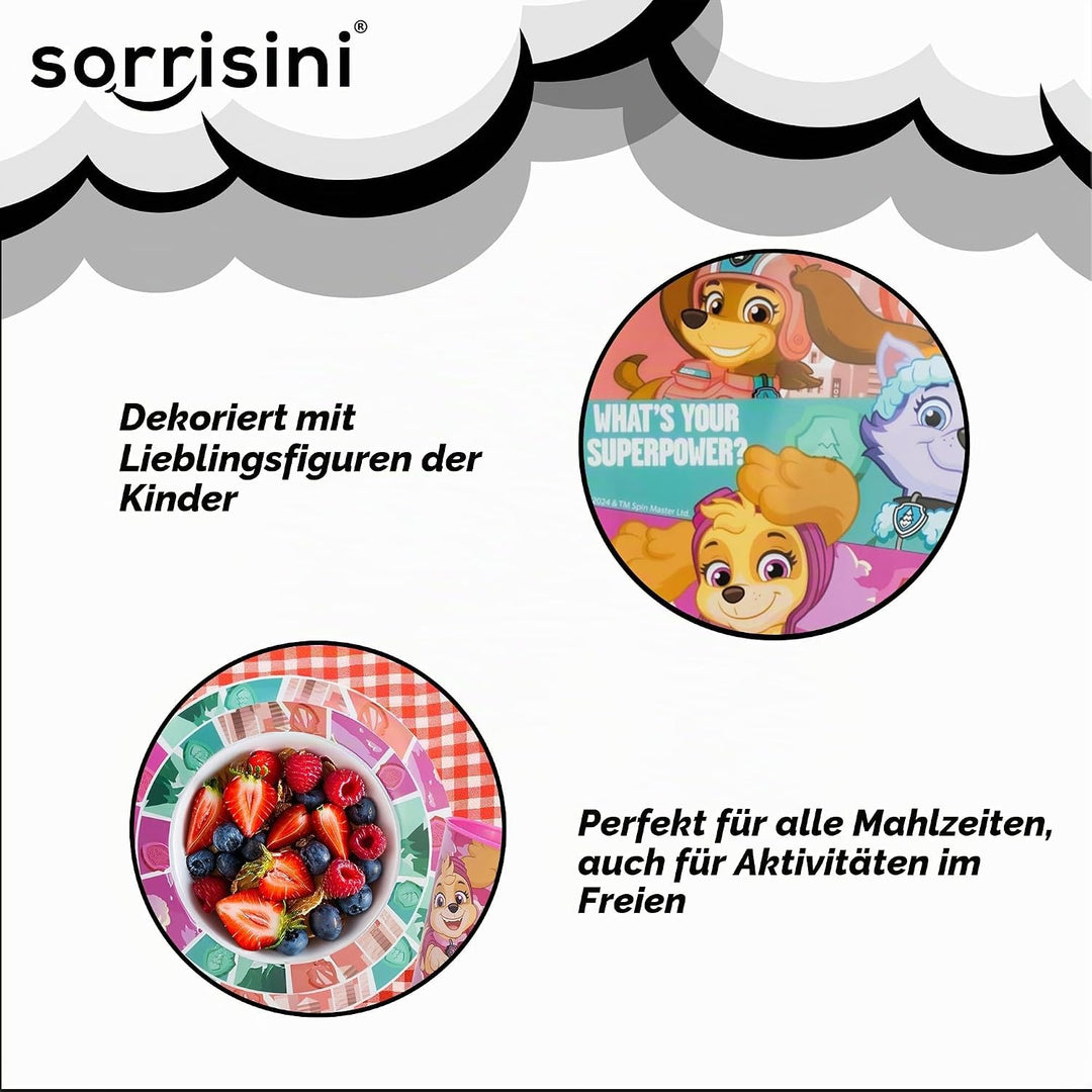 Sorrisini Kindergeschirr set Paw Patrol, Wiederverwendbares Babygeschirr Set, Kinder Essgeschirr, Mi