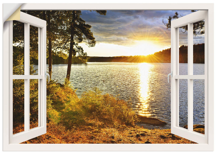 ARTland Wandbild selbstklebend Vinylfolie 100x70 cm Fensterblick Fenster Landschaft Natur Wald See S