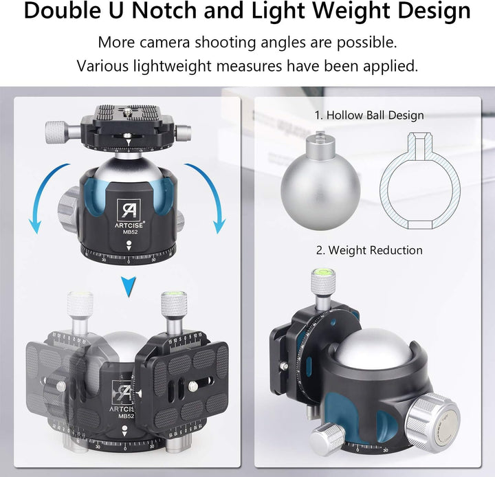 ARTCISE Robuster Kugelkopf, 52 mm, Dual-Panorama-Stativkopf mit niedrigem Profil und 2 x 6,35 mm Sch