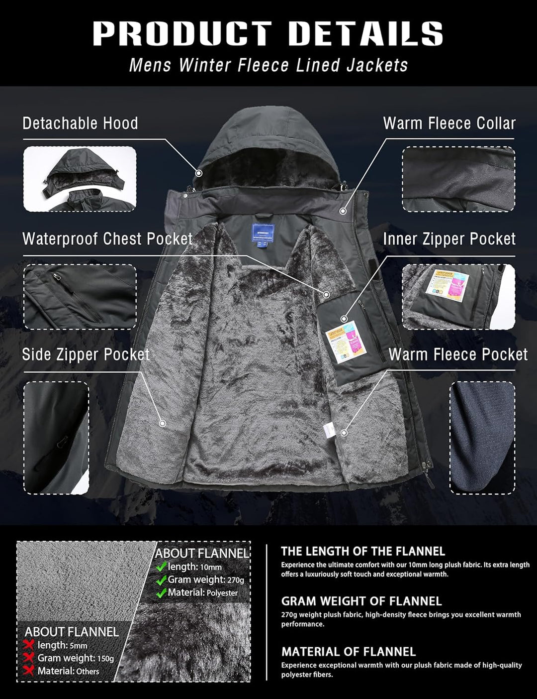 Zzkouine Herren Winter wasserdichte Fleecejacke Warm Gefüttert Winterjacke mit Kapuze Wasserabweisen