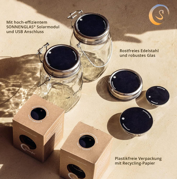 SONNENGLAS Mini 250ml | Original Solarlampe/Solar-Laterne im Einmachglas aus Südafrika (inkl. USB) |