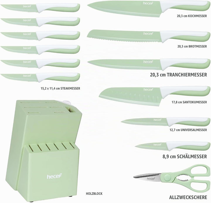 hecef 14‑teilig Messerblock mit Messer, Hellgrün, Antihaft‑Beschichtung – Spülmaschinenfest, Messerb