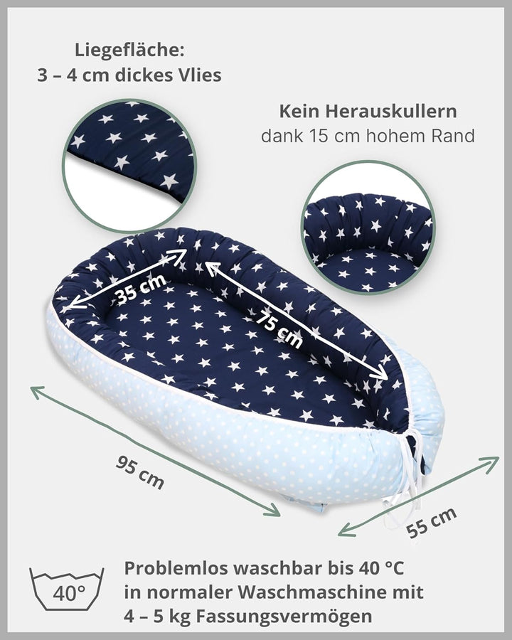 ULLENBOOM ® Babynest & Kuschelnest (55x95 cm) Blau Hellblau (Made in EU) - Baby Nestchen aus Baumwol
