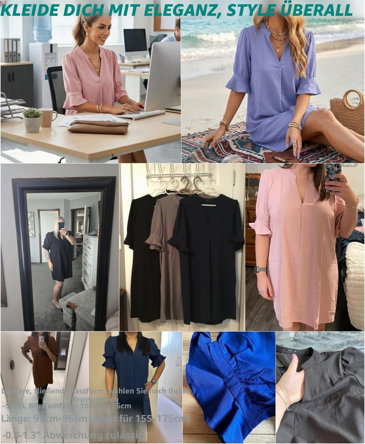 Famulily Frauen V-Ausschnitt Halbarm Hemdkleid Elegant Sommer Casual Einfarbig Kurzes Kleid S-XXL XX