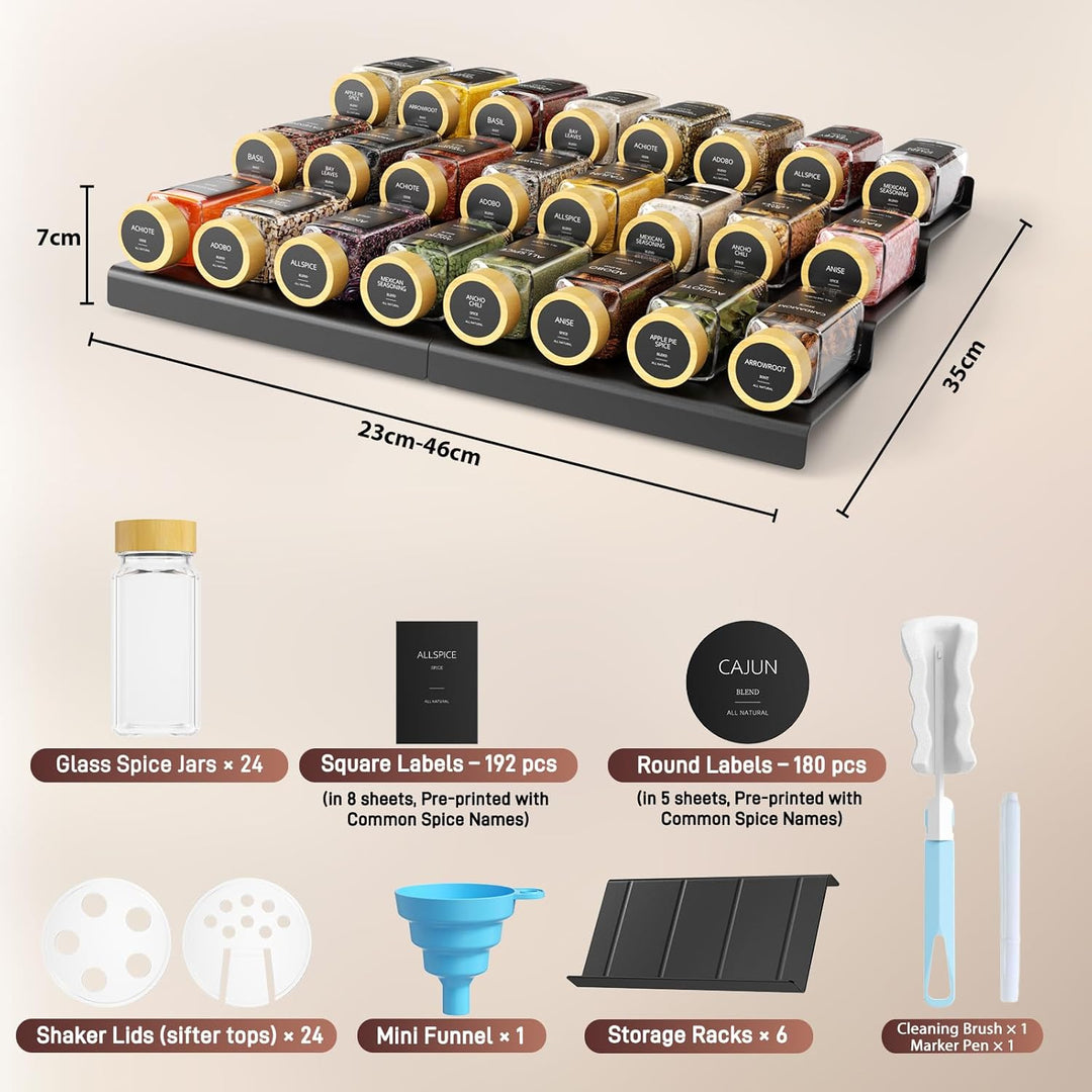 Gewürzregal Schublade mit Regal 24 x 120ml, 372 Gewürzetiketten, 48 blanko Etiketten, Gewürzgläser m
