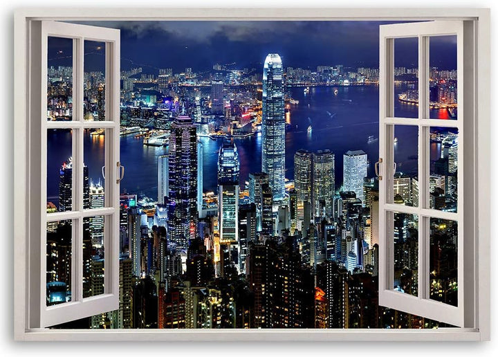 Feeby Wandbild Wolkenkratzer Druckbild Leinwandbild Fenster-Illusion Blau 90x60 cm Leinwandbild 90x6