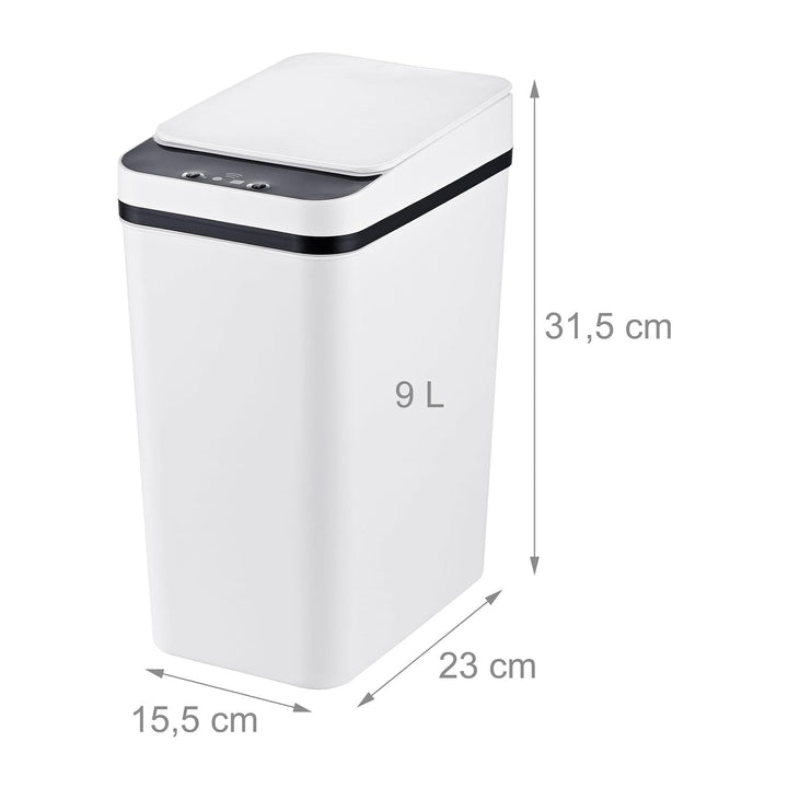 Relaxdays Mülleimer mit Sensor, 9 Liter, elektrischer Deckel, silber weiss, weiss