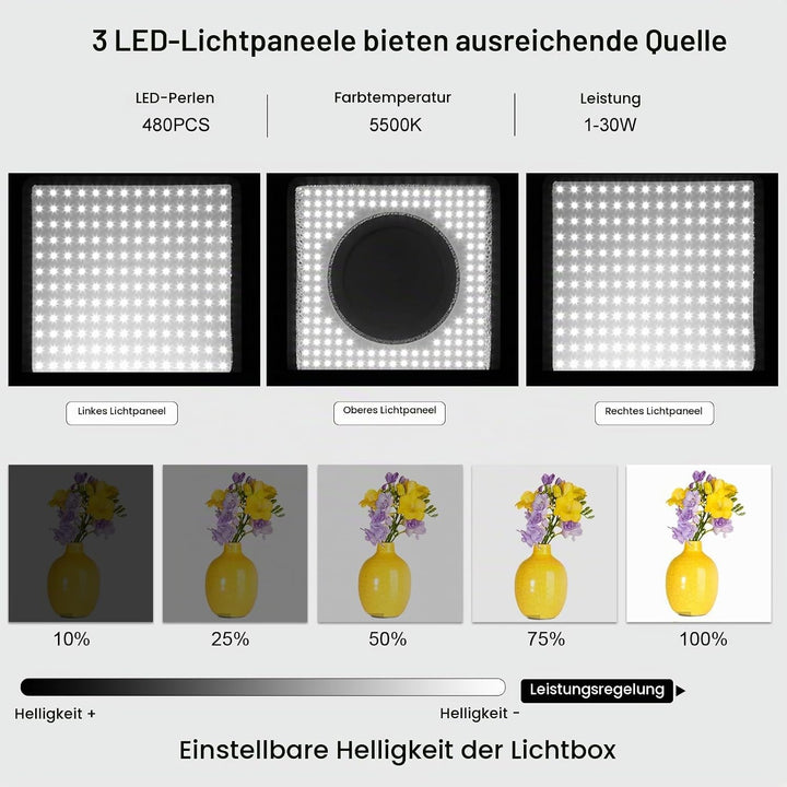 PULUZ 40 cm Fotobox Softbox 40x40cm Fotostudio Lichtzelt mit 5500K Beleuchtung &amp; 4 Farben Hintergrün