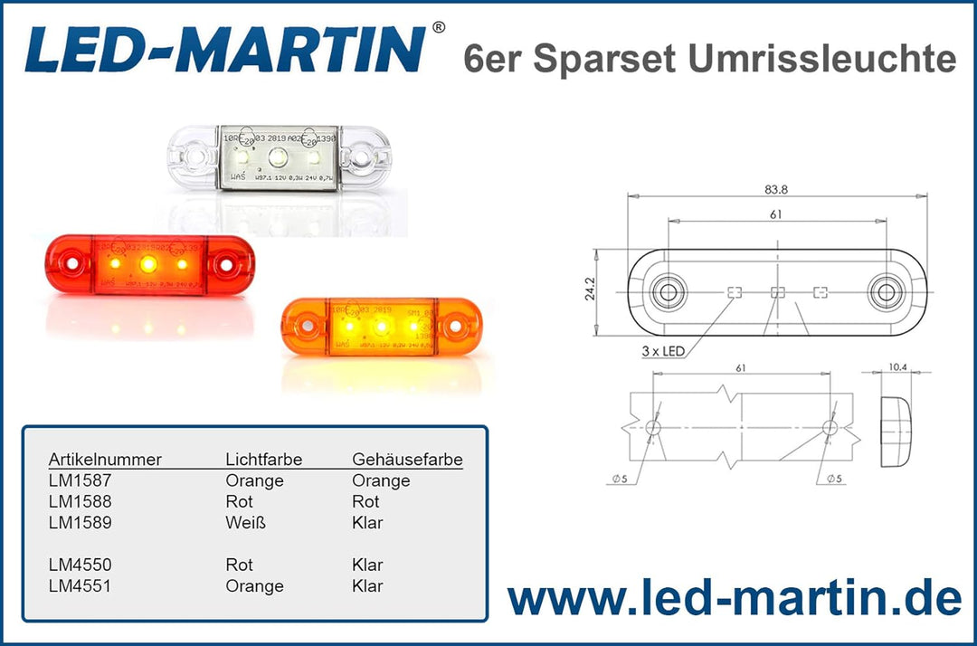 LED-MARTIN® 6er Sparset Umrissleuchte ROT 12V/24V Begrenzungsleuchte Positionsleuchte dünn