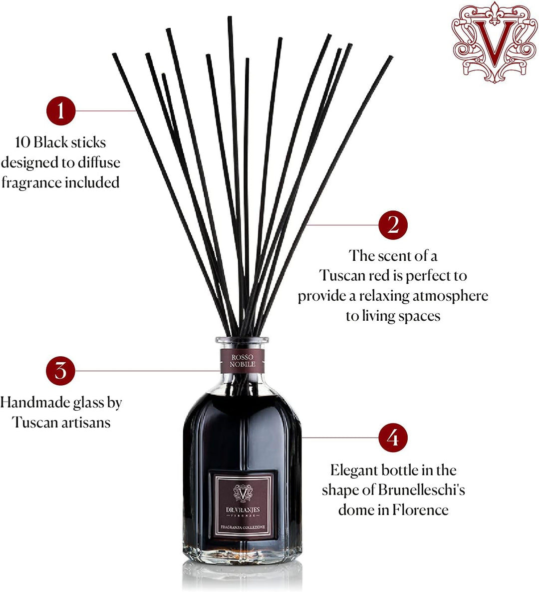 Dr. Vranjes – Rosso Nobile Diffuser 250 ml mit Schwarze Stäbchen - Luxus-Raumduft, Made in Italy, Ha