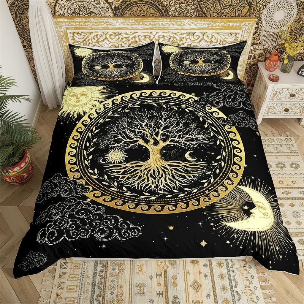 feelingyou Baum des Lebens Bettwäsche-Set,Sonne und Mond Boho Bettwäsche Set 200x200cm,Exotische Pfl