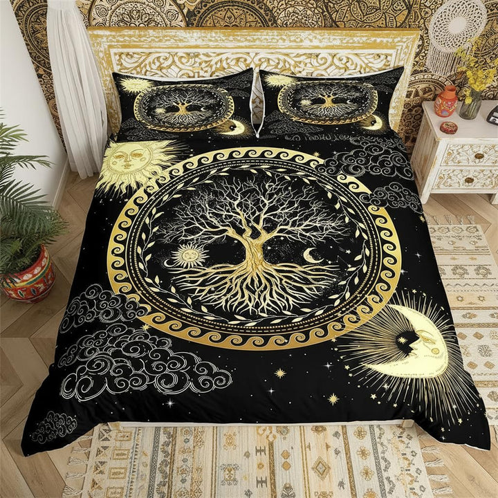 feelingyou Baum des Lebens Bettwäsche-Set,Sonne und Mond Boho Bettwäsche Set 200x200cm,Exotische Pfl
