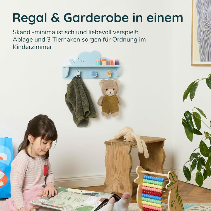 Twig &amp; Leaf Wandregal Kinderzimmer, Kindergarderobe mit Ablage und 3 Haken aus Massivholz, Schlafend