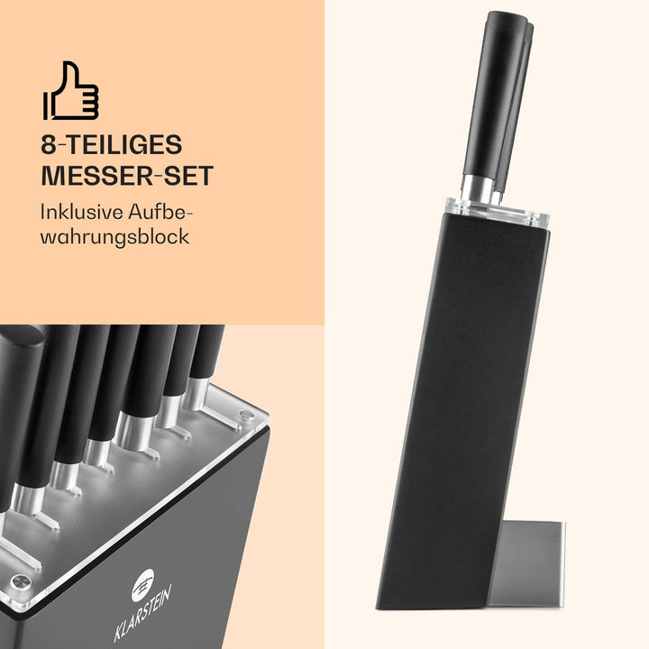 Klarstein Kitano - Messer-Set, Messerblock, 8-teilig, Präzisionsklingen, Rostfreier Edelstahl, Holzb