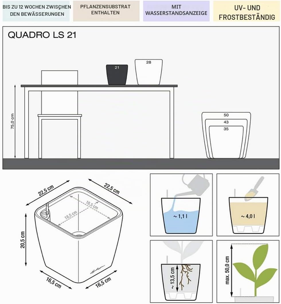 LECHUZA QUADRO Premium LS 21 taupe hochglanz 16125 22.5x22.5x20.5 cm Taupe Hochglanz, 22.5x22.5x20.5