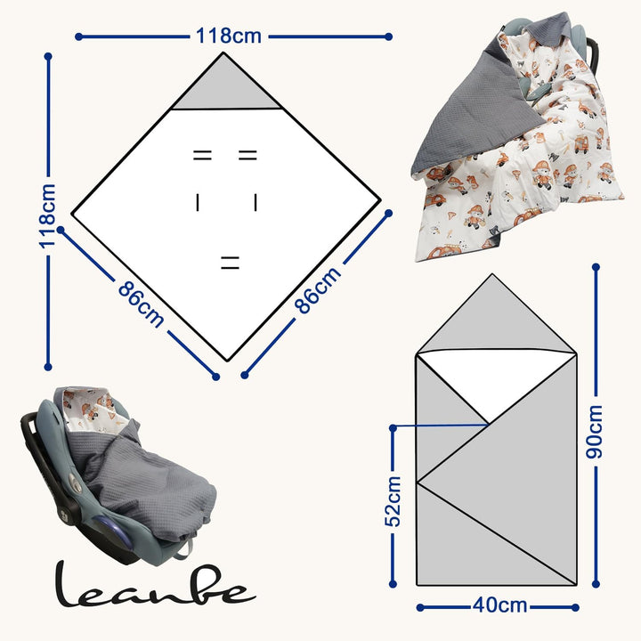 Baby Einschlagdecke Doppelseitig 86x86 cm Baumwolle-Wafellstoff für Kinderwagen und Babybett (Grau W