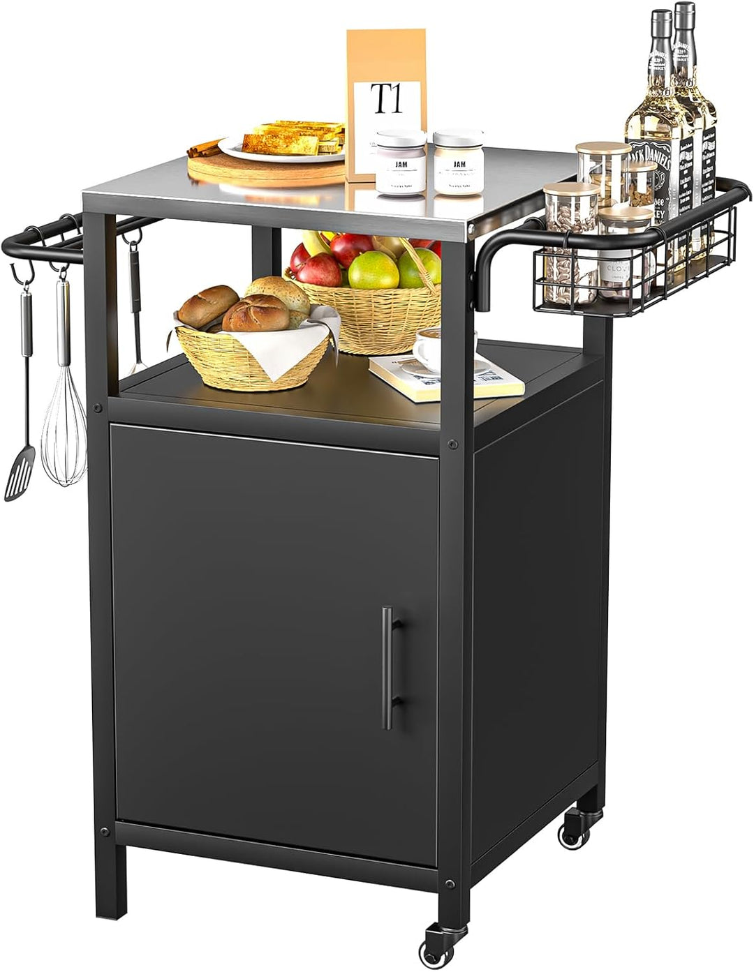 Grillwagen Grilltisch Outdoor Grill Trolley Küchenwagen, Grill Beistelltisch mit Schrank und 2 Rolle