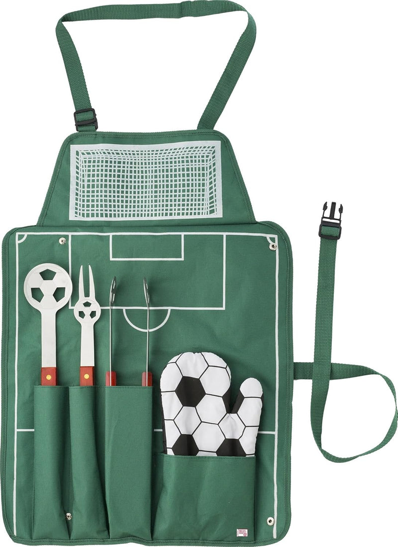 Grillset mit Grillbesteck Grillgabel Grillzange Grillwender und Grillhandschuh im Fussball Look noTr