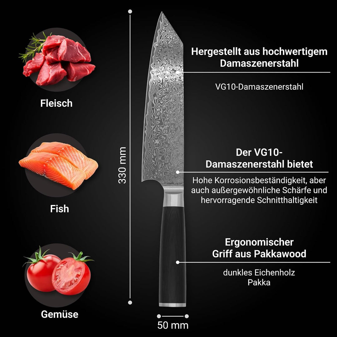 FIVI Damast Kiritsukemesser YUNO | Präzises Küchenmesser aus VG10 Damaszenerstahl (60 HRC) mit Rever